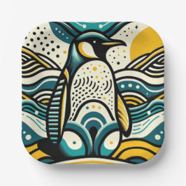 Prato De Papel Pinguim Azul-Teal Amarelo-Mostarda Em Ondas Abstra