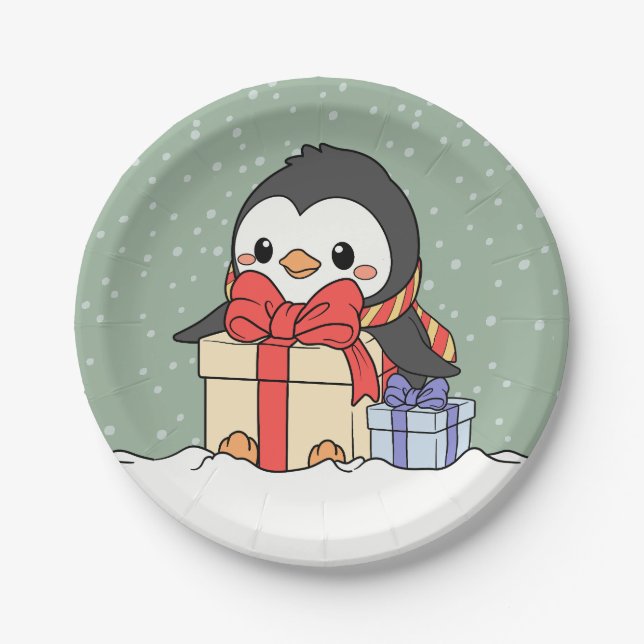 Prato De Papel Pinguim bonito com presentes de Natal na neve (Frente)