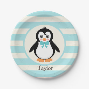Prato De Papel Pinguim Bonito com Turquoise Bowtie