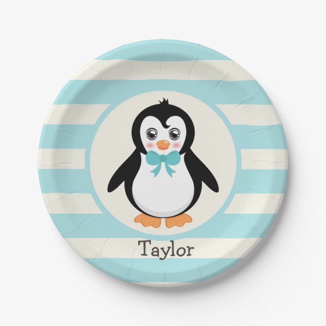 Prato De Papel Pinguim Bonito com Turquoise Bowtie (Frente)