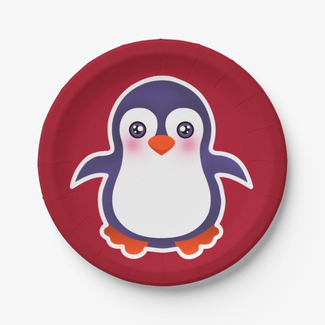 Prato De Papel Pinguim Bonito Na Ilustração De Fundo Vermelho (Frente)