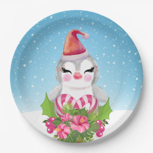 Prato De Papel Pinguim de Natal bonito em Papai Noel