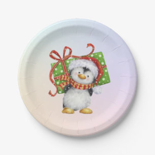 Prato De Papel Pinguim de Natal Festivo com Presente - Deco de Fé