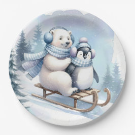Prato De Papel Pinguim e Urso Polar em um Sled