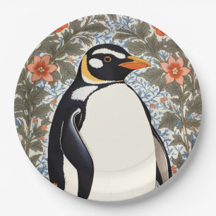 Prato De Papel Pinguim Fofo Em Fundo Floral Colorido Elegante