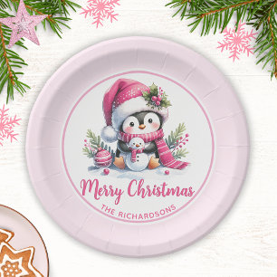 Prato De Papel Pinguim Gelado, Rosa, Feliz Natal