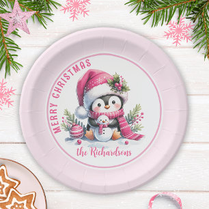 Prato De Papel Pinguim Gelado Rosa Personalizado Feliz Natal