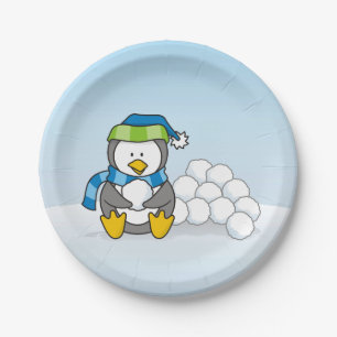 Prato De Papel Pinguim pequeno que senta-se com snowballs