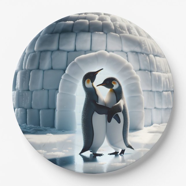 Prato De Papel Pinguins Dançando Lentamente Por Igloo (Frente)