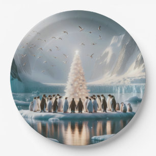 Prato De Papel Pinguins de Natal reunidos em torno de uma árvore