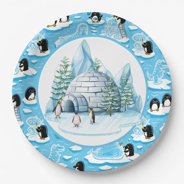 Prato de Papel Pinguins em Ação (Frente)