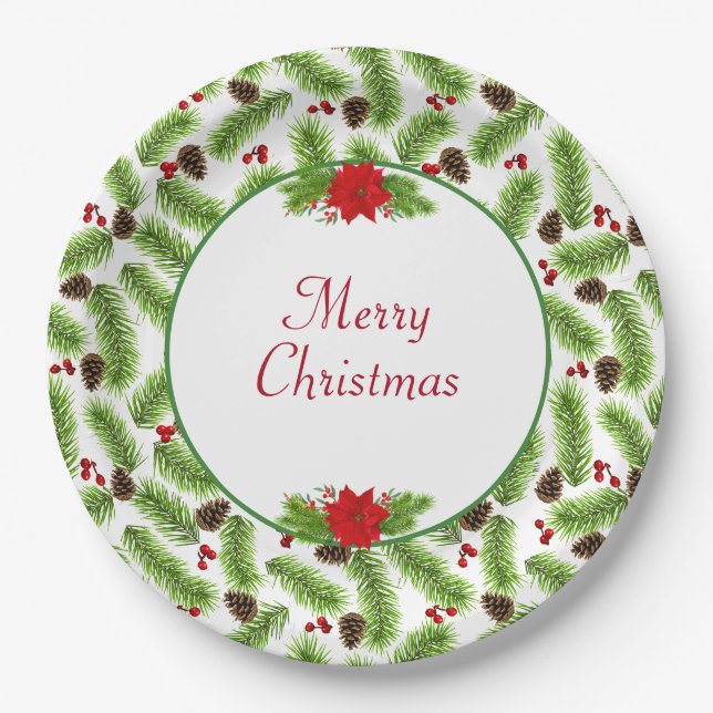 Prato De Papel Pinhas de Natal Personalizadas & Bagas Vermelhas (Frente)