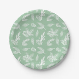 Prato De Papel Pinhas Rústicas Branco & Verde Água Padrão de Serv
