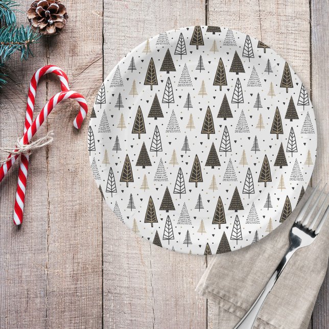 Prato De Papel Pinheiros Dourados Pretos Desenhados à Mão Moderna (Criador carregado)