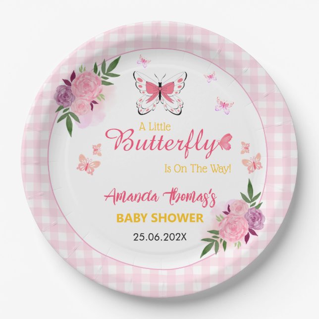 Prato De Papel Pink A Little Butterfly Is On The Way Baby Shower  (Frente)