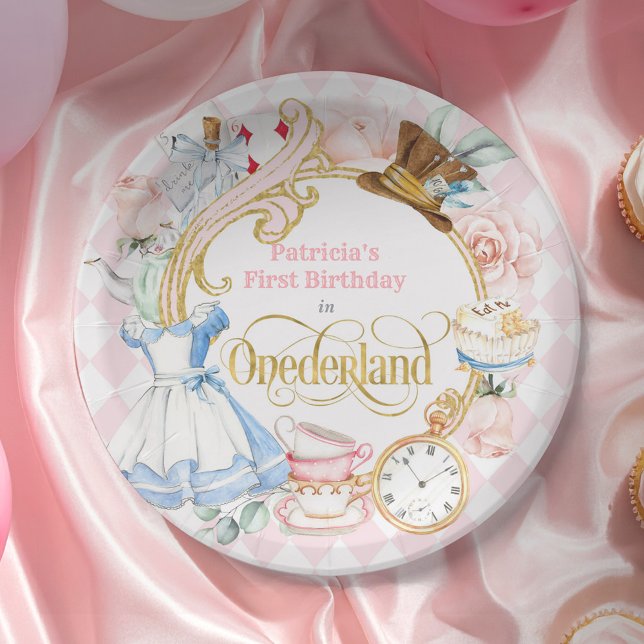 Prato De Papel Pink Alice in ONEderland-Girl's First Birthday (Pink-Alice in ONEderland, Girl First Birthday Party Paper Plate, Vintage Pastel 1st birthday decor.)