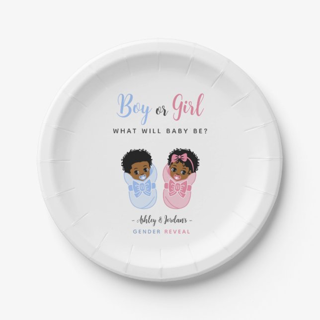 Prato De Papel Pink and Blue African American Baby Gender Reveal  (Frente)