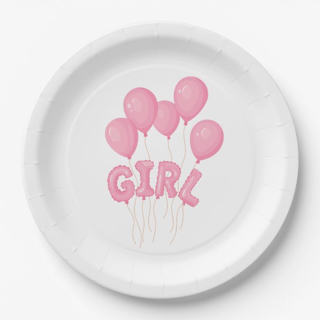 Prato De Papel Pink Baby Girl Balloon Celebration - Cute Nursery  (Frente)