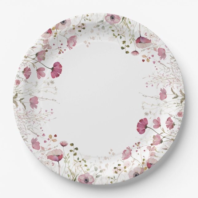 Prato De Papel Pink Baby In Bloom Floral Wildflower Baby Shower (Frente)