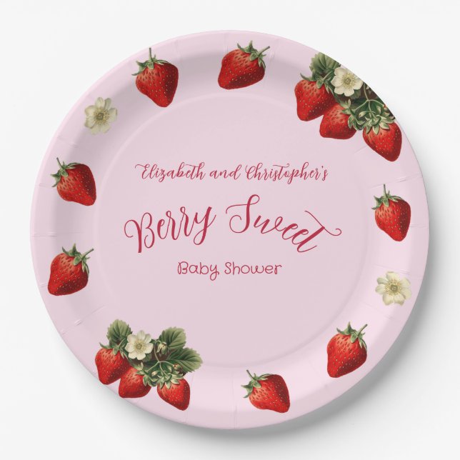 Prato De Papel Pink Berry Sweet Red Strawberry Girl Baby Shower (Frente)