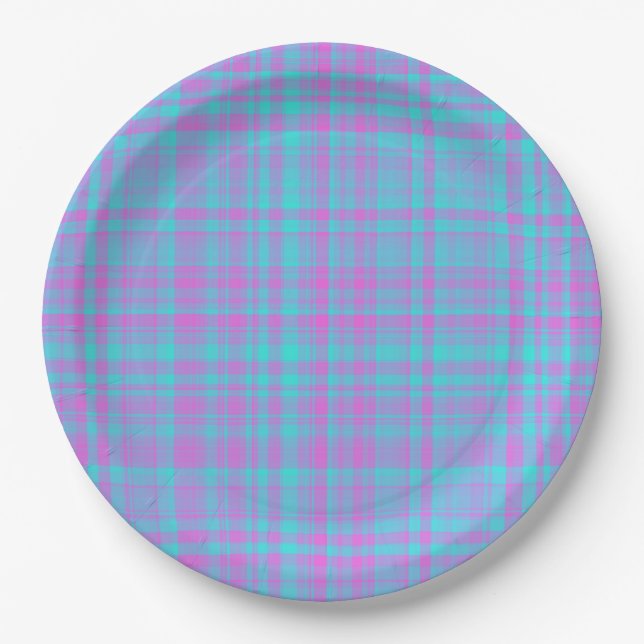 Prato De Papel Pink Blue Purple Plaid Pattern (Frente)