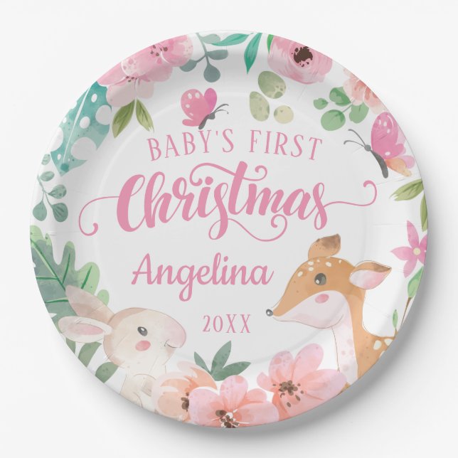 Prato De Papel Pink Blush Floral Woodland Baby 1rua Natal (Frente)
