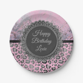Prato De Papel Pink Blush Marble Glittery Leopard Aniversário