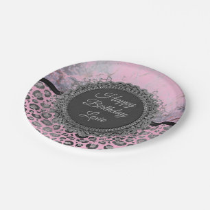 Prato De Papel Pink Blush Marble Glittery Leopard Aniversário