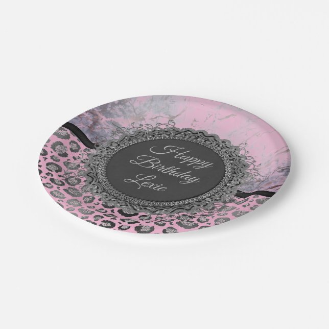 Prato De Papel Pink Blush Marble Glittery Leopard Aniversário (Inclinado)