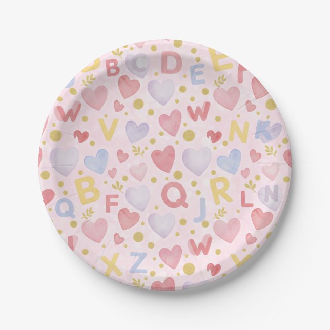 Prato De Papel Pink Bokeh Alphabet & Hearts Sweet Pastel Theme (Frente)