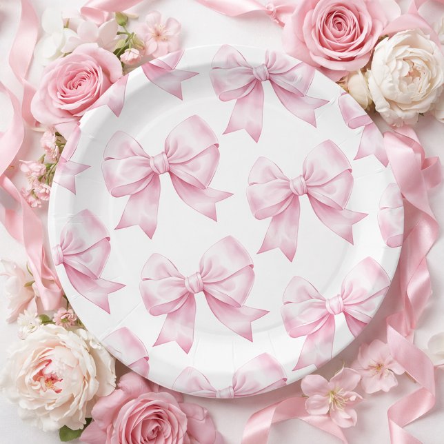 Prato De Papel Pink Bow Baby Girl Elegant Baby Shower (Pink Bow Baby Girl Elegant Baby Shower Paper Plates)