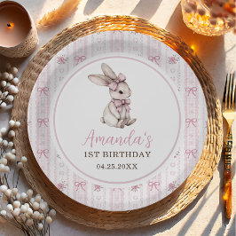 Prato De Papel Pink Bow Bunny Vintage Rabbit 1st Birthday