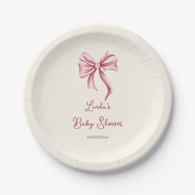Prato De Papel Pink Bow Calligraphy Girl Baby Shower (Frente)