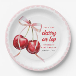 Prato De Papel Pink Bow Cherry Baby Shower Paper Plate