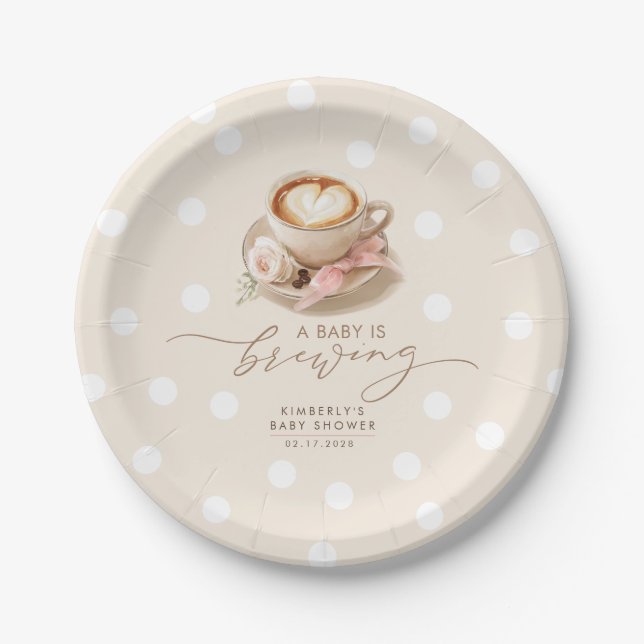 Prato De Papel Pink Bow Coffee Baby Is Brewing Girl Baby Shower (Frente)