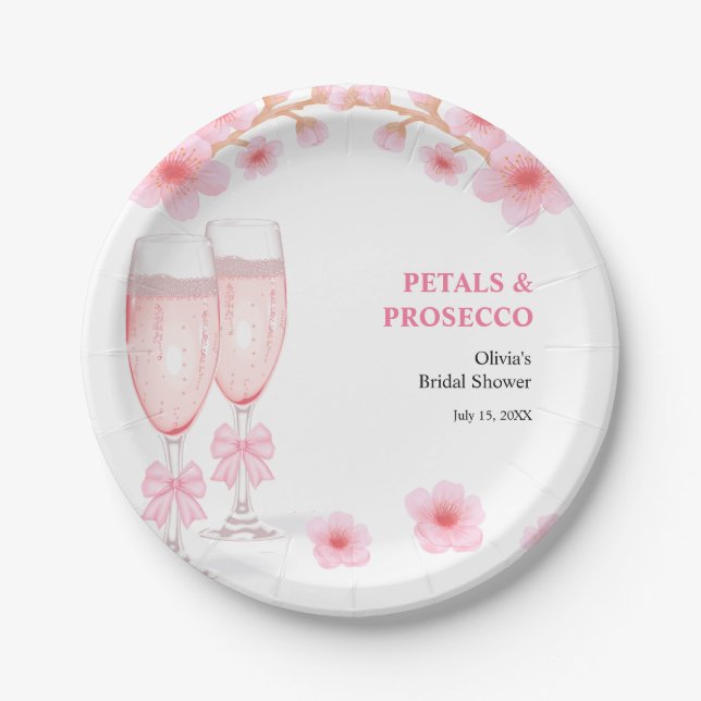 Prato De Papel Pink Bow Floral Petals and Prosecco Bridal Shower  (Frente)