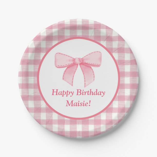 Prato De Papel Pink Bow Gingham Paper Plate  (Frente)