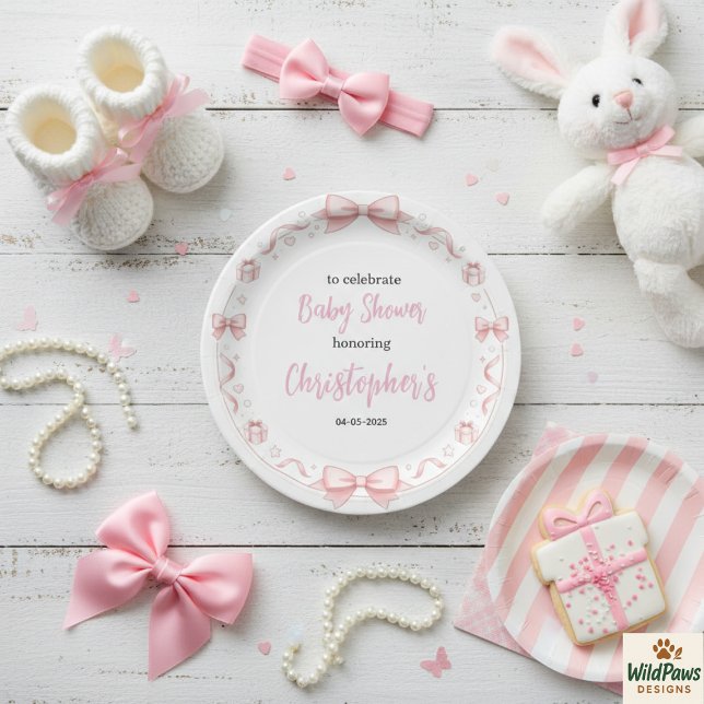 Prato De Papel Pink Bow Girl Baby Shower – Cute & Fun Party (Pink Bow Girl Baby Shower – Cute & Fun Party Paper Plates
)