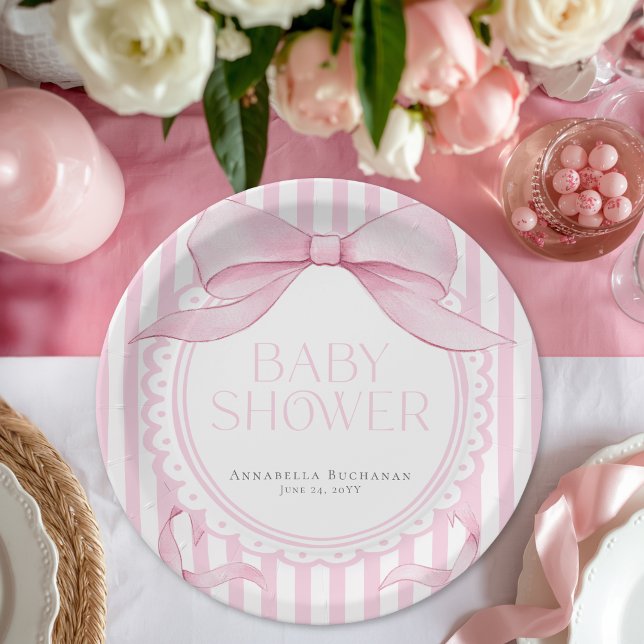 Prato De Papel Pink Bow Girl Coquette Striped Baby Shower  (Criador carregado)
