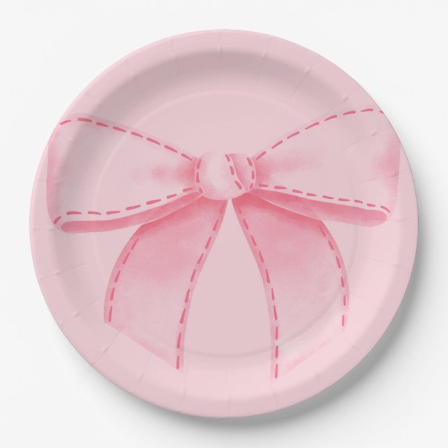 Prato De Papel Pink Bow Paper Plate With Plain Pink Backround (Frente)