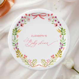 Prato De Papel Pink Bow Rustic Floral Garden Baby Shower