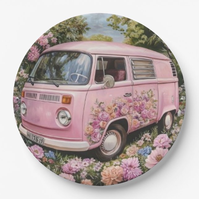 Prato De Papel Pink Bus Beach Wall Art, Retro Van Print Californa (Frente)
