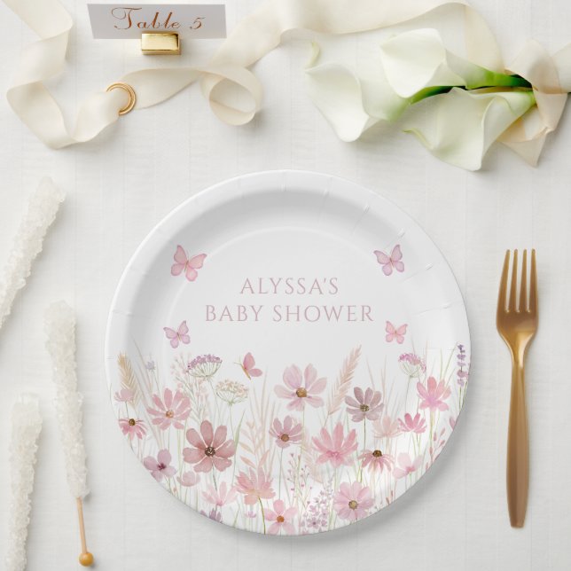 Prato De Papel Pink Butterfly Wildflowers Baby Shower (Casamento)