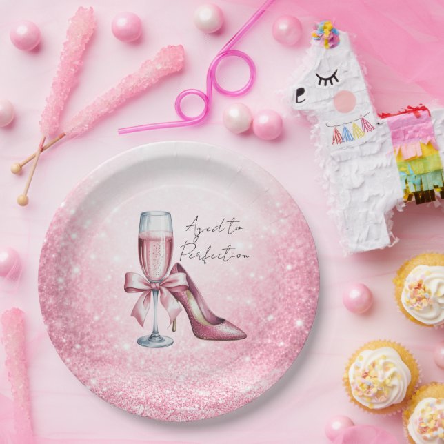 Prato De Papel Pink Champagne Glass Aged To Perfection Birthday (Festa)