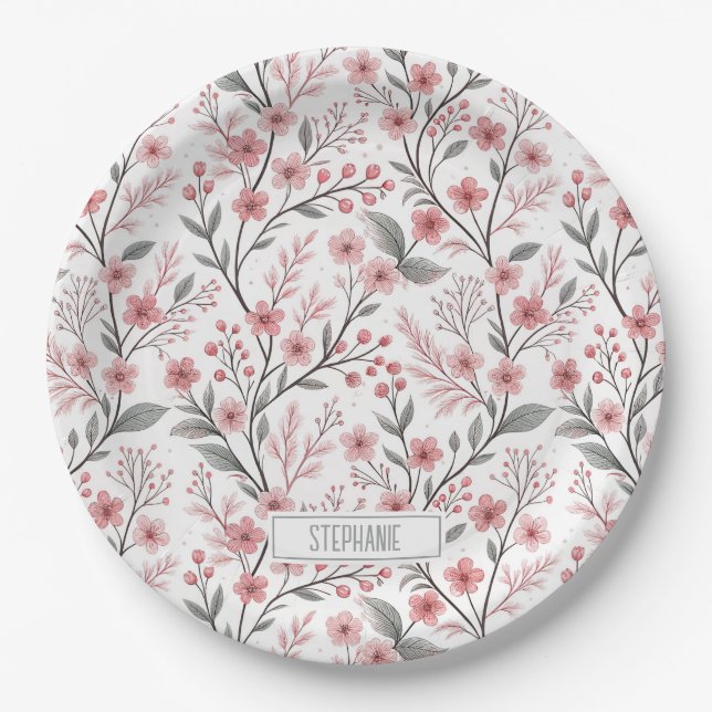 Prato De Papel Pink Cherry Blossom Sakura Pattern on White (1) (Frente)