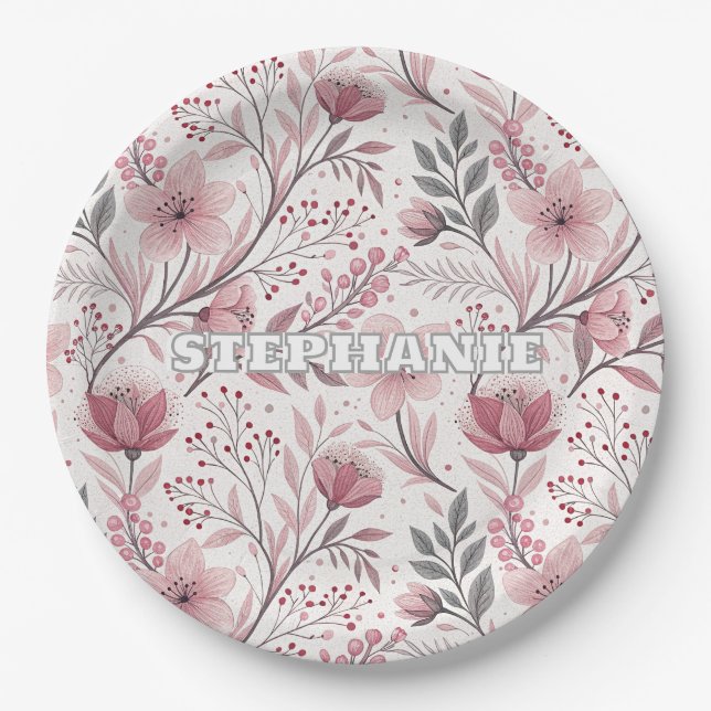 Prato De Papel Pink Cherry Blossom Sakura Pattern on White (3) (Frente)