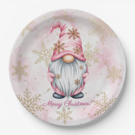 Prato De Papel Pink Christmas Gnome Gold Snowflakes