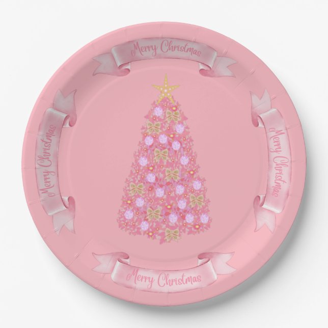 Prato De Papel Pink Christmas Tree Paper Plate (Frente)