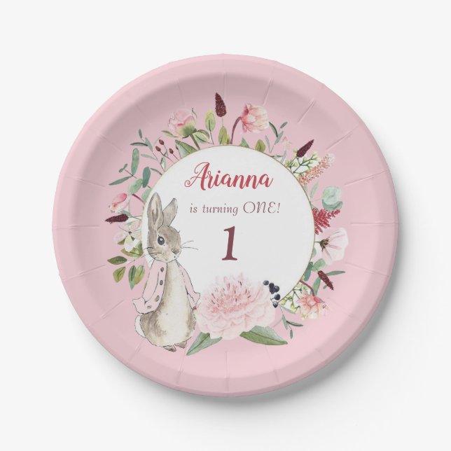 Prato De Papel Pink clássico Peter o Rabbit Floral Birthday (Frente)