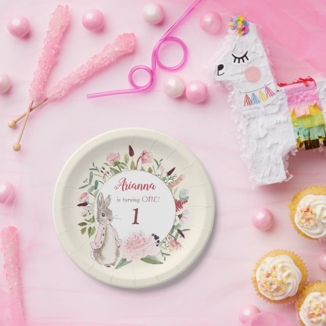 Prato De Papel Pink clássico Peter o Rabbit Floral Birthday (Festa)
